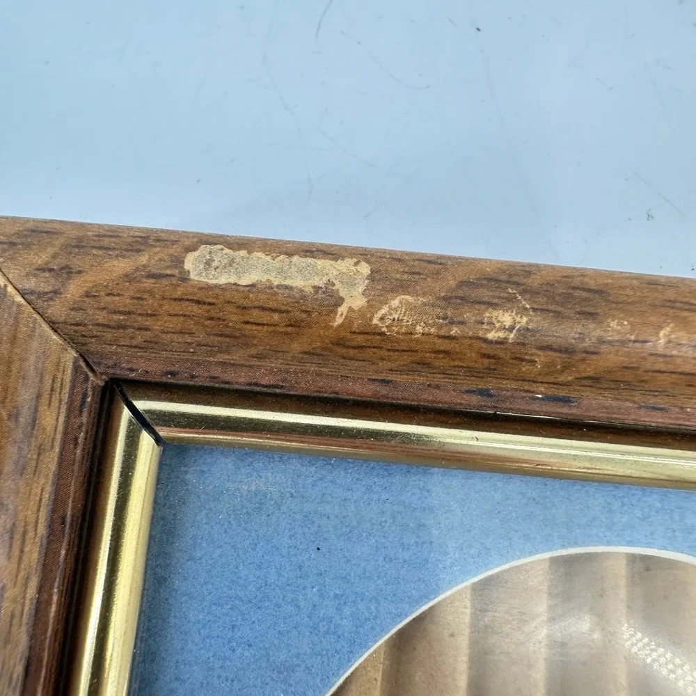 Vintage Wood Picture Frame Blue Oval Mat Gold Trim 5x7 Distressed Rustic Decor